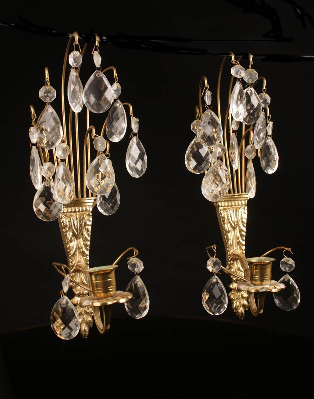 Antique pair of candle sconces with crystals
