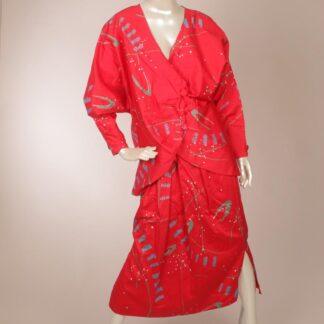 Vintage Marimekko red abstract print skirt and jacket M