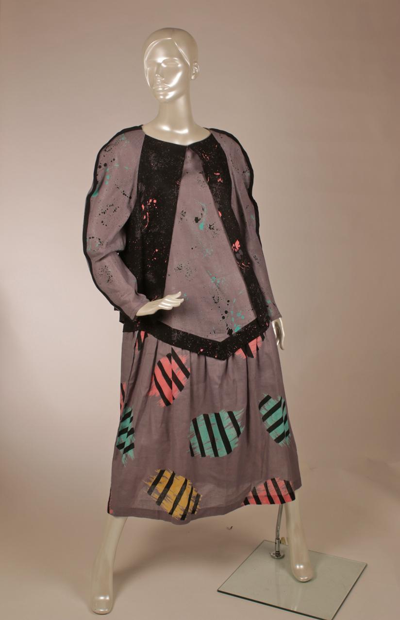 Vintage 80-luku Jeanne Marc harmaa abstrakti-kuvioinen mekko M