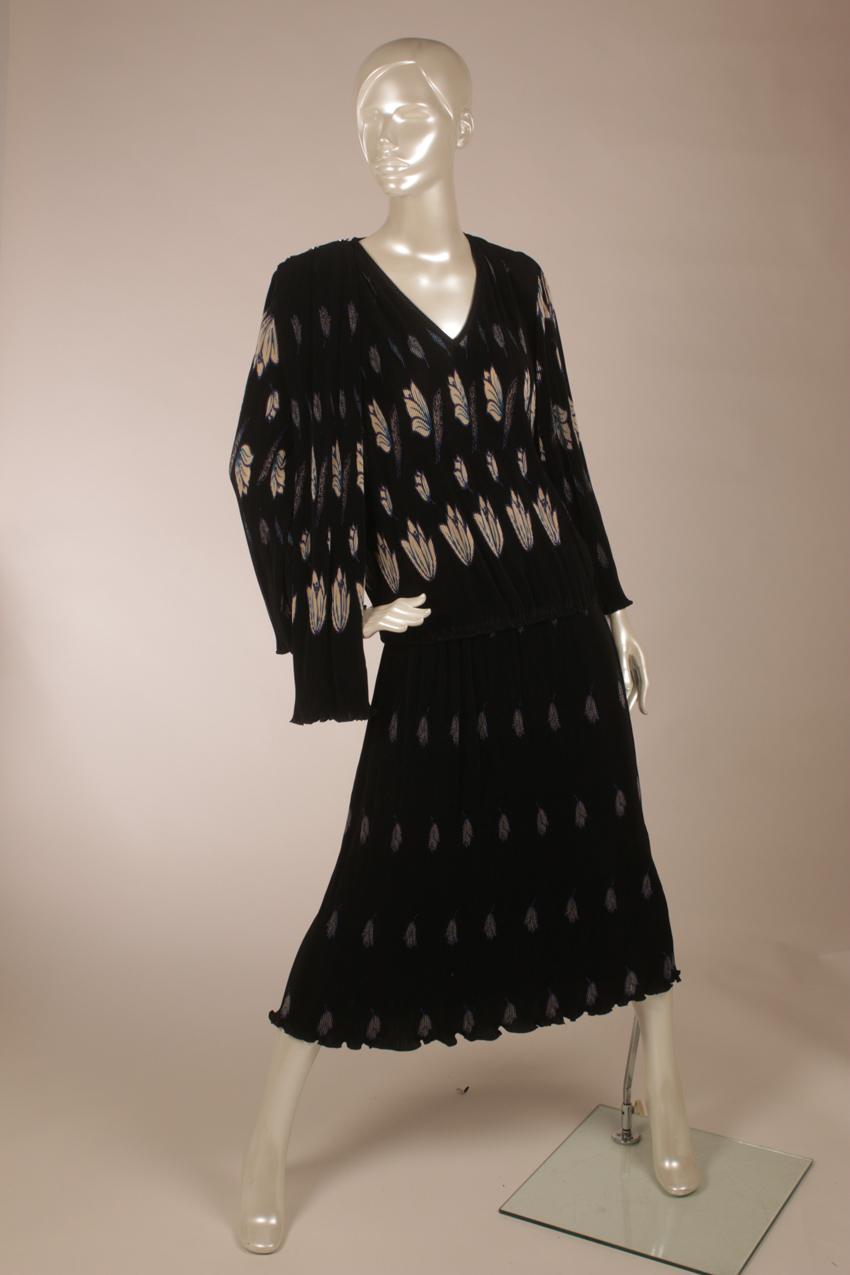 Vintage 80s Virginie black two-part pleated dress S M