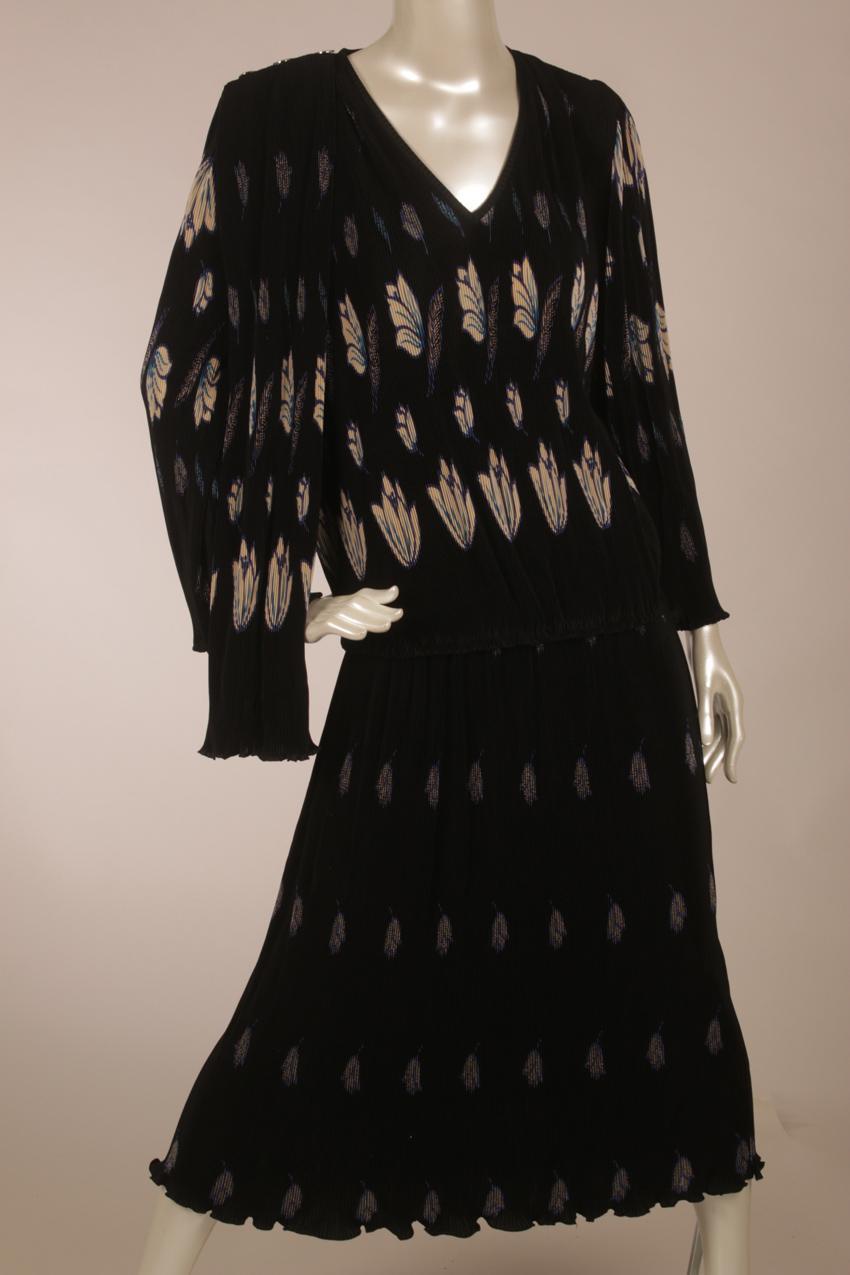 Vintage 80s Virginie black two-part pleated dress S M - Image 4