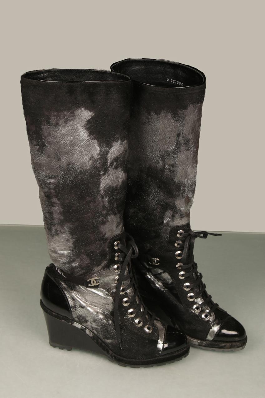 Chanel silver and black pony skin leather wedge base high boots 38