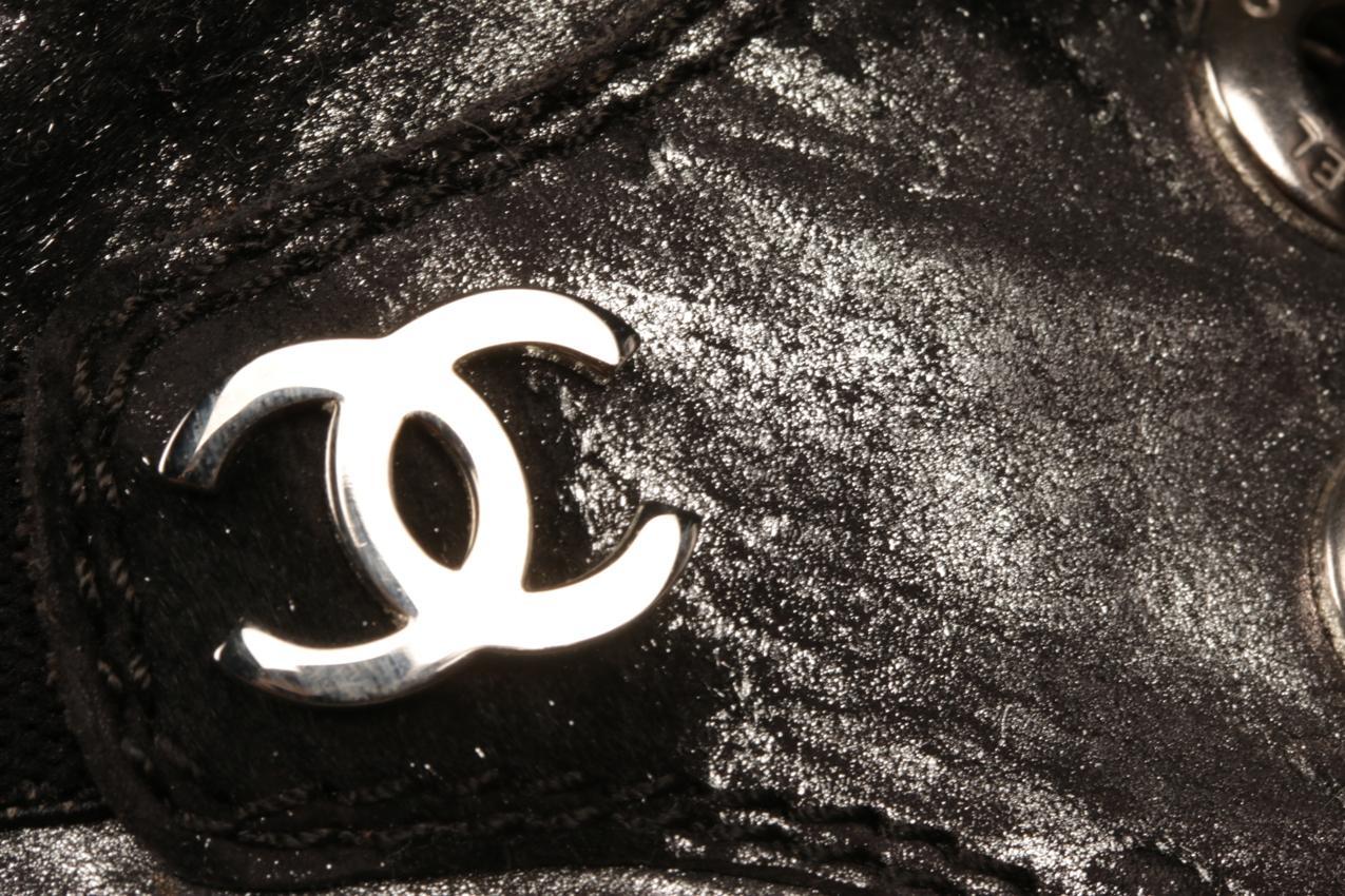Chanel silver and black pony skin leather wedge base high boots 38 - Image 11