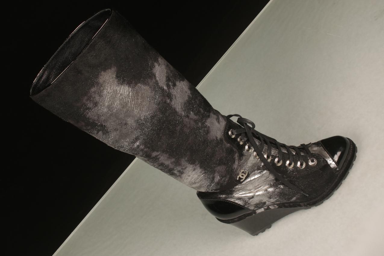 Chanel silver and black pony skin leather wedge base high boots 38 - Image 3
