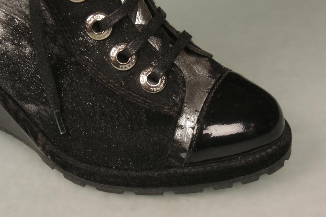Chanel silver and black pony skin leather wedge base high boots 38 - Image 4