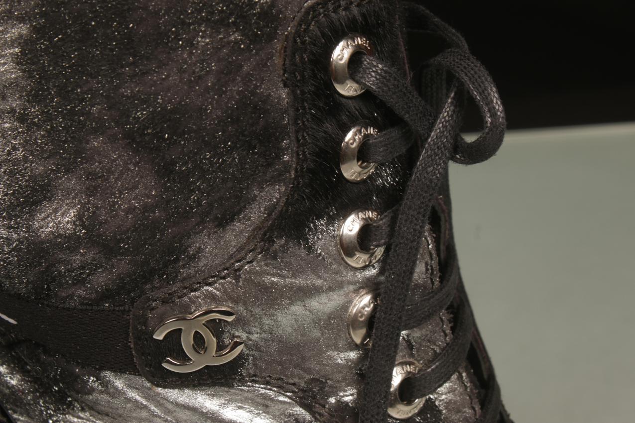 Chanel silver and black pony skin leather wedge base high boots 38 - Image 5