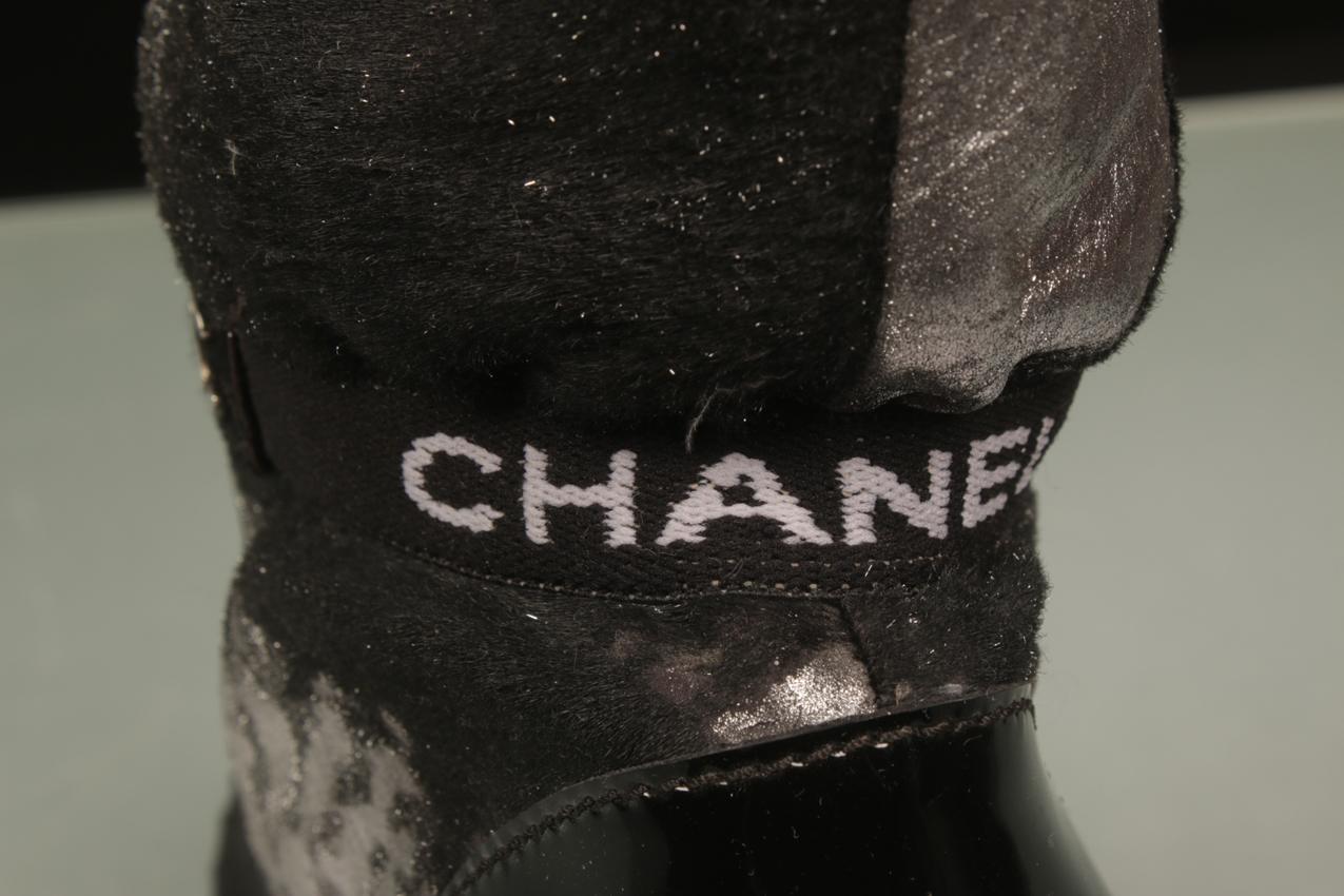 Chanel silver and black pony skin leather wedge base high boots 38 - Image 6