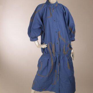 Vintage Vuokko sininen mekko harmaan ruskeilla kuvioilla L