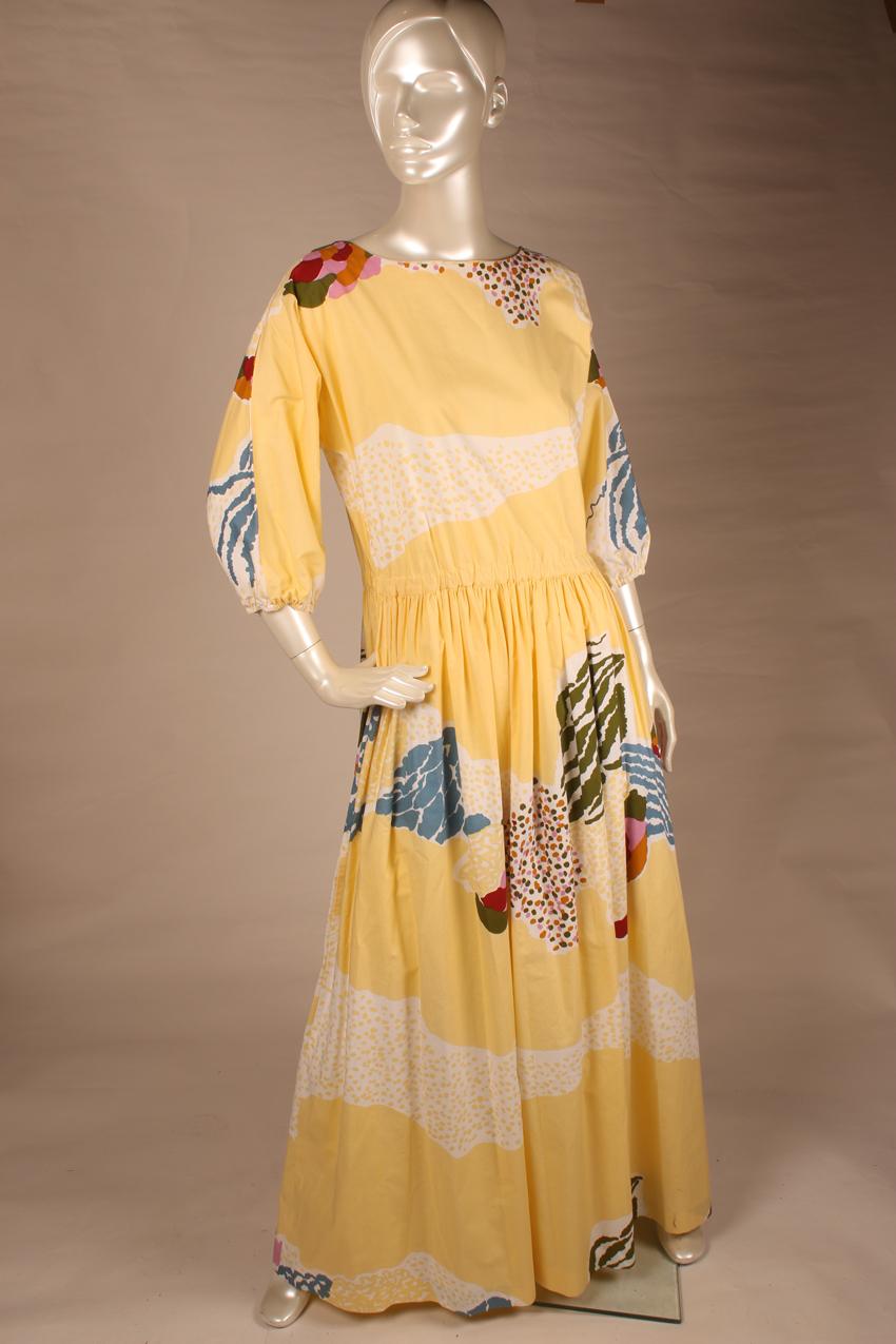 Vintage Vuokko yellow-based maxi dress with puff sleeves M